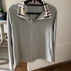 Womens Gray Half-Zip Sweater with Plaid Collar never worn.